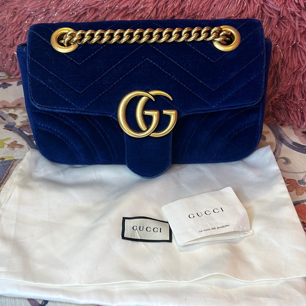 ❌SOLD❌ GUCCI Velvet Matelasse Small GG Marmont Shoulder Bag Cobalt Blue